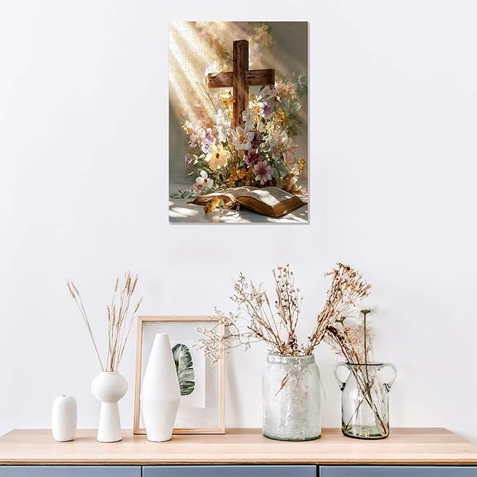 Great Jigsaw Puzzles for Adults 300 Pieces Religious Cross with Daisy Flowers Puzzles for Adults Toys Gift Family Decoration Kids Puzzle