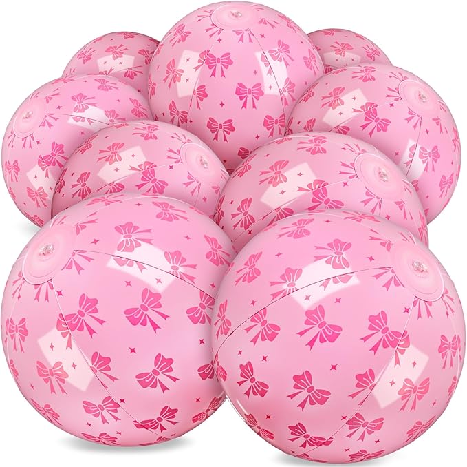 24 Pcs 9 Inch Pink Bow Inflatable Beach Balls Coquette Cute Pool Floats PVC Balls for Summer Hawaiian Tropical Theme Beach Pool Bachelorette Party Supplies (Pink)