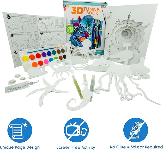 EyeConnect Crafts DIY 3D Tunnel Book Kit – Creative STEAM Art & Craft Set for Kids & Teens, Build, Paint & Make Your Own Book with Posable Interactive Animals & Characters (Ocean)