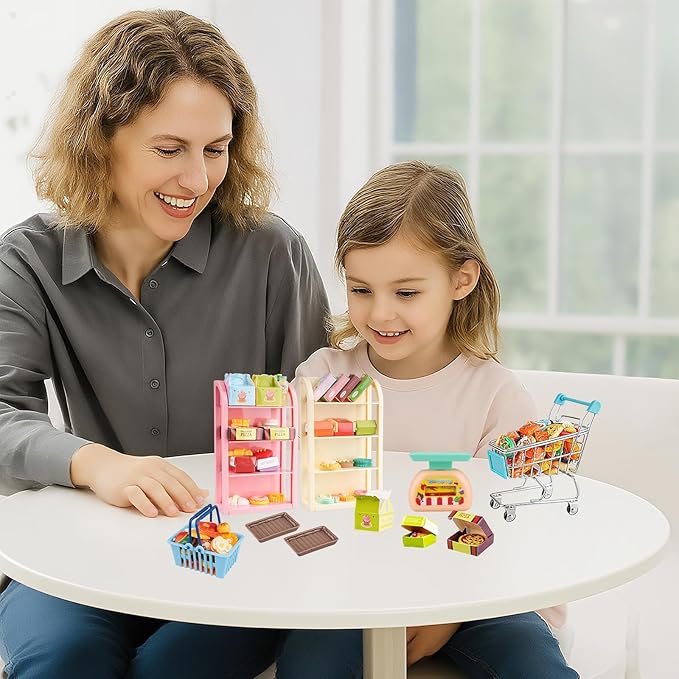 196Pcs Dollhouse Miniature Store Grocery Accessories Mini Shopping Cart Basket 4 Three-Layer Shelves Supermarket Metal Handcart Resin Food Drink Bottle Cash Register Packaging Box