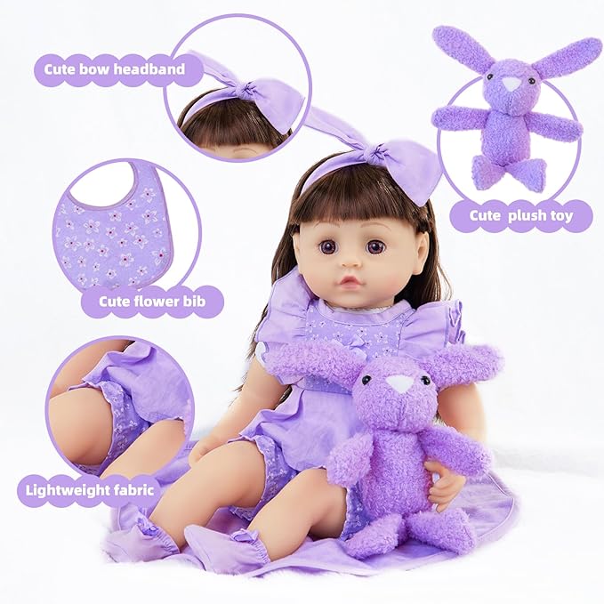 11 Pcs Baby Doll Clothes with Purple Floral Design Baby Doll Bassinet & Accessories for 16-18 Inch Baby Doll, Baby Doll Clothes Outfit Accessories Fit Reborn Baby Doll