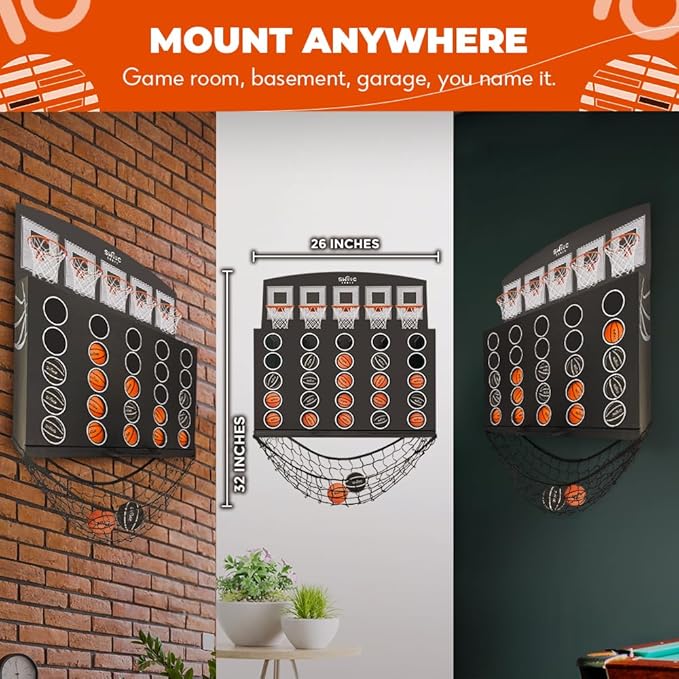 Swooc Games - Low Post Lineup™ | Wall Mounted Giant Basketball 4 In A Row w/ 5+ Games | Basketball Hoop For Room Wall Games | Game Room Games | Mini Basketball Hoop Indoor Connect | Four In A Row Game