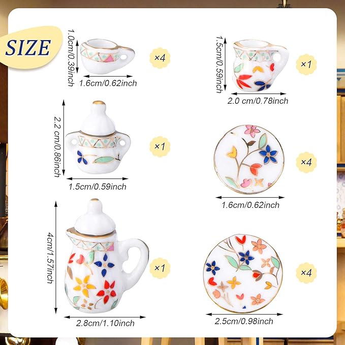 Skylety 37 Pieces 1:12 Scale Miniatures Dollhouse Kitchen Accessories Include 16 Plates Knife Fork Spoon, 6 Egg Beater Utensil, 15 Tea Cup Set(Flora Bloom)