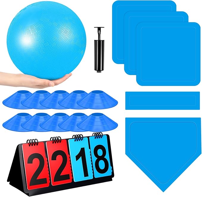 Jenaai 18 Pcs Sports Kickball Set Includes Playground Ball 5 Rubber Throw Down Bases Ball Pump Scoreboard Net Bag 10 Foul Line Cones for Adults Playground Backyard Game (10 Inch,Light Blue)