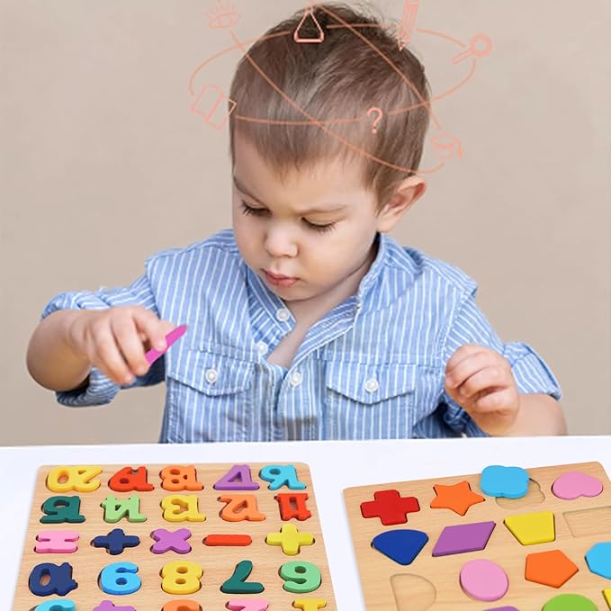 Attmu Wooden Puzzles for Toddlers, 3 Pcs Alphabet Puzzle ABC Shape Number Puzzle, Learning Toys for Kids, Preschool Educational Activities Toddler Gift Toys for Girls Boys Christmas Valentines Easter