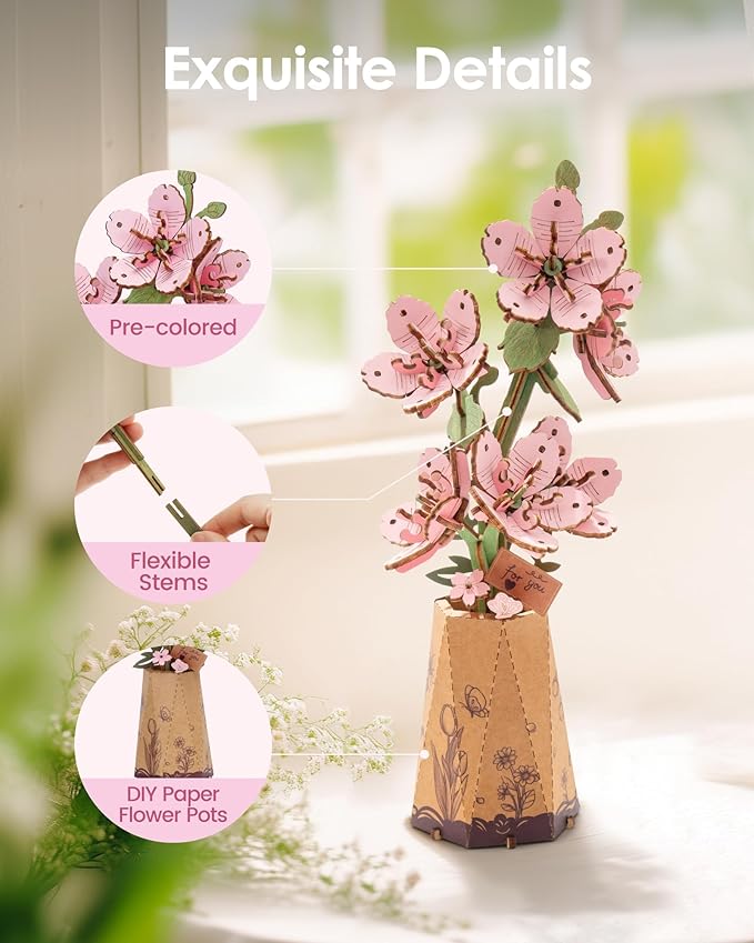 ROBOTIME 3D Puzzle Sakura TW101, DIY Wooden Flower Craft, Artificial Flowers Model Kit to Assemble for Adults, Home Decoration and Valentine's Day Toy Gift Set