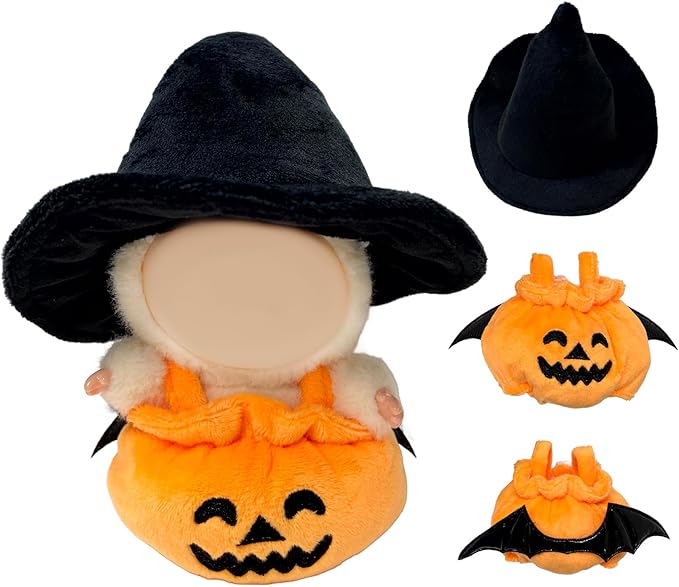 17cm Doll Clothes for Doll, Clothes for Dolls Outfit, Halloween Pumpkin Overalls Witch Hat for Dolls Accessories,Halloween Clothes Set for Doll (No Doll)(Black Hat Pumpkin Clothes)