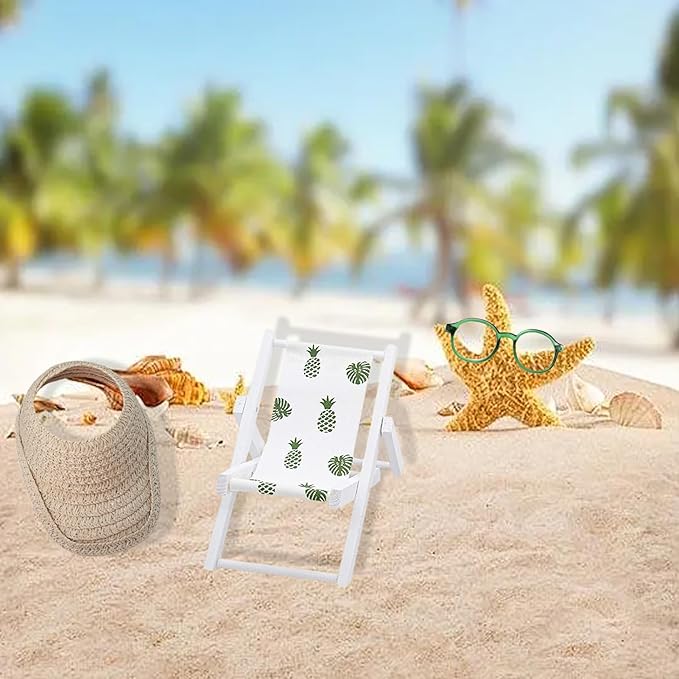 Doll Accessories Compatible with Labubu, 15cm/17cm Dollhouse Furniture,Mini Wooden Folding Beach Sunbath Chair with Sunglasses & Straw Hat,No Doll