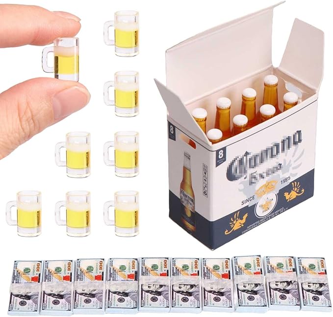 1/6 Scale Accessories Mini Props Miniature Beer Bottles with Glasses&Box Set Tiny Money Bills for Mini Doll House Accessorie Action Figure Props, DIY Crafts,Fairy Garden Pub Bar Decor