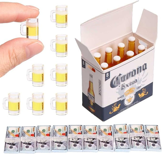 1/6 Scale Accessories Mini Props Miniature Beer Bottles with Glasses&Box Set Tiny Money Bills for Mini Doll House Accessorie Action Figure Props, DIY Crafts,Fairy Garden Pub Bar Decor