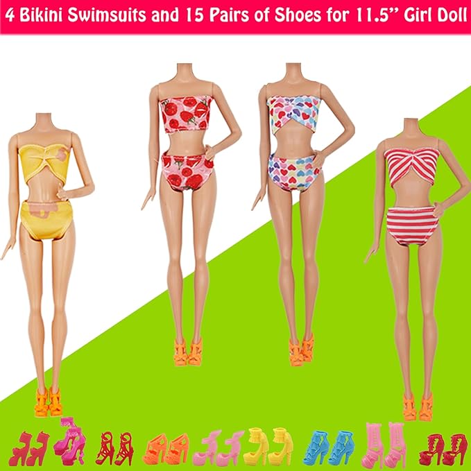 ZTWEDEN 89Pcs Doll Clothes and Accessories for 12 Inch Boy and 11.5 Inch Girl Doll Includes 32 Seaside Wear Clothes Bikini Marine Animal Surfboard Diving Swimming Sets 19 Pairs Shoes for Dolls
