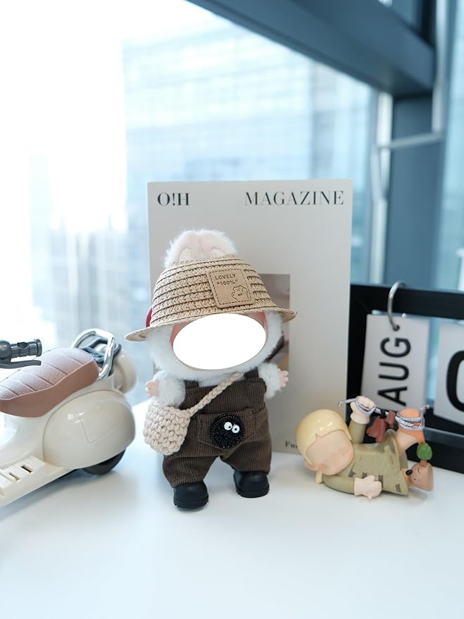 Clothes for 17cm Doll, 4 pcs Set Doll's Outfits Luxury Dress Pants Crochet Bag Straw Hat Shoes Accessories Fashion Stylish Adorable Dolls Clothes (No Doll) (Straw Hat Brown)