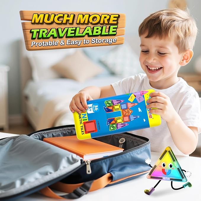 Soyee Mini Magnetic Tiles Travel Toddler Toys with Metal Tin Portable STEM Building Kids Toys for 3 4 5 6 7 8+ Years Old Boys & Girls & Birthday Gifts