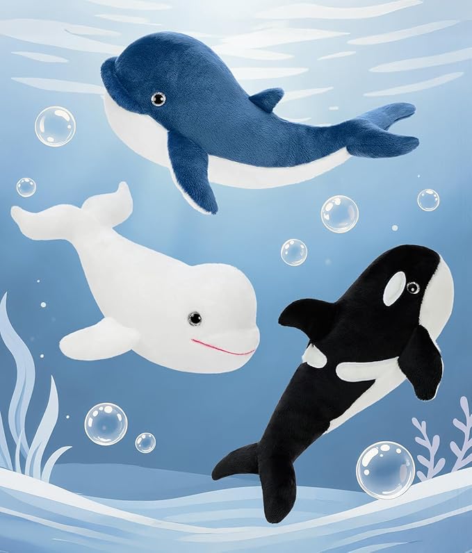 Tezituor Whale Stuffed Animal,3PCS Whales Plush Toys Set,Orca Whale,Beluga Whale,Blue Whale,Gifts for Kids Boys Girls Christmas Birthday
