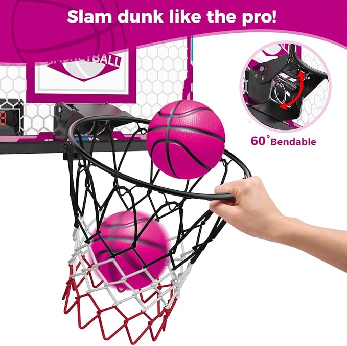 VATOS Basketball Hoop for Girls Indoor, Pink Basketball Hoop with 7 Color Lights, Electronic Scoreboard & Remote Controller, Basketball Set Toys Birthday Gifts for Girls Kids Teens 5-12