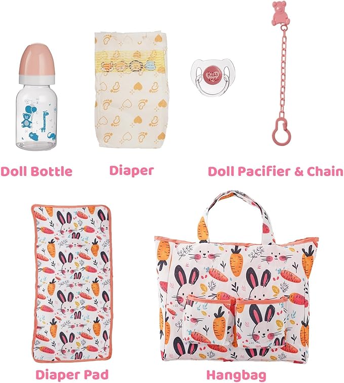 BABESIDE 7 Pcs Reborn Doll Accessories Set for 17-22 Inch Dolls, Feeding and Care Set, Including Diaper Bag, Great for Children's Pretend Play (Dolls not Included)