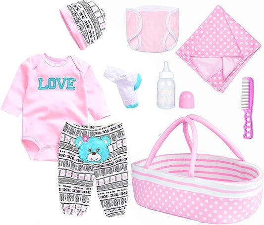9 Pcs Reborn Baby Girl Dolls Clothes Accessories Outfit with Pink Dot Bassinet for 17-22 Inch Reborn Doll Newborn Baby Girl