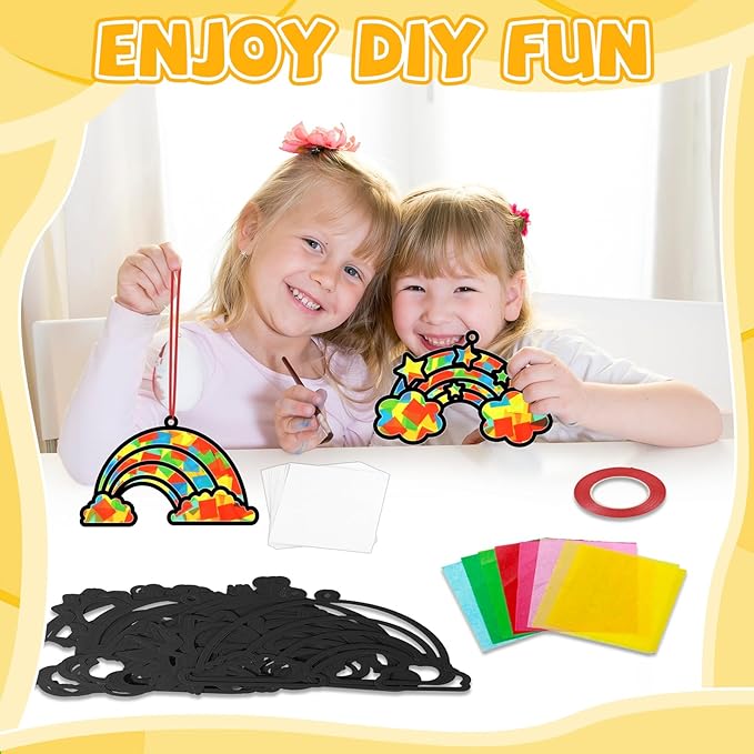 QOUBAI 32 Sets Rainbow Suncatchers Craft Kit DIY Window Stained Glass Effect Planet Rainbow Sun Paper Crafts Home School Classroom Decoration Kid Birthday Gift Creative Art Project Activity Game