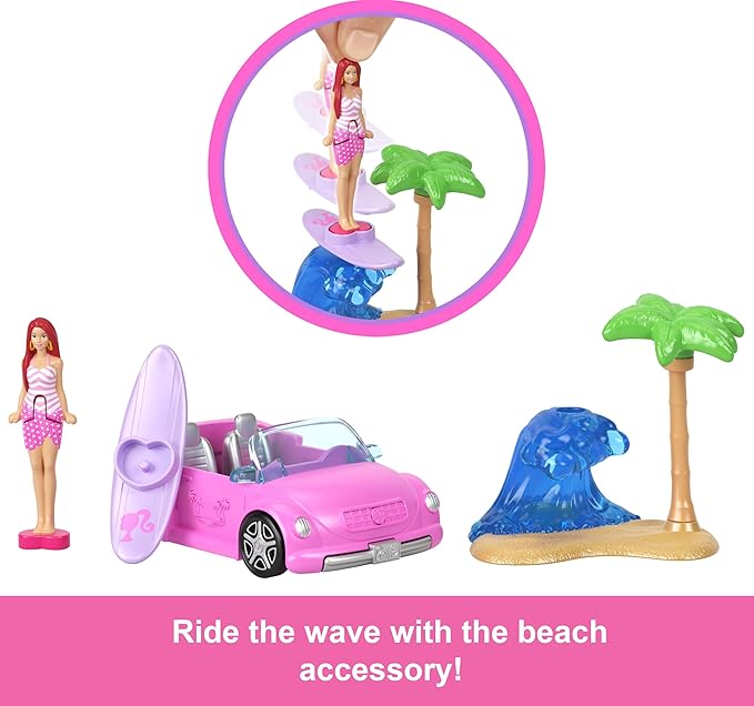 Barbie Mini BarbieLand Doll & Toy Vehicle Set, 1.5-inch Doll & Beach Convertible with Color-Change, Plus Beach Accessory
