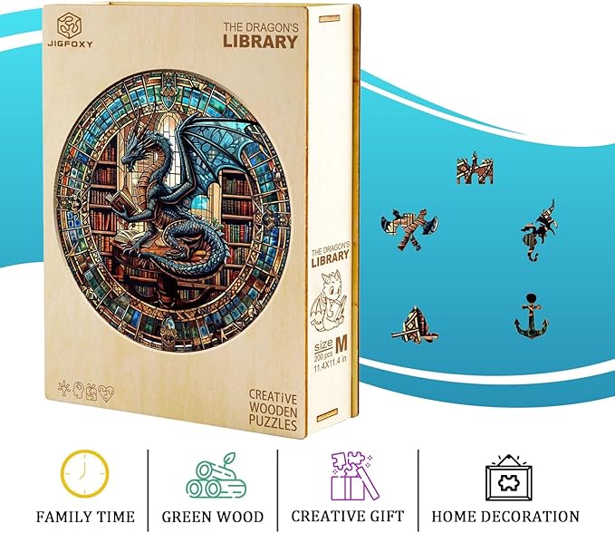 Jigfoxy Wooden Puzzles for Adults, Dragon's Library Wood Puzzles Adult, Unique Animal-Shaped Wooden Jigsaw Puzzles, Christmas Thanksgiving Gifts for Family and Friends (S-8.5 * 8.5in-100pcs)