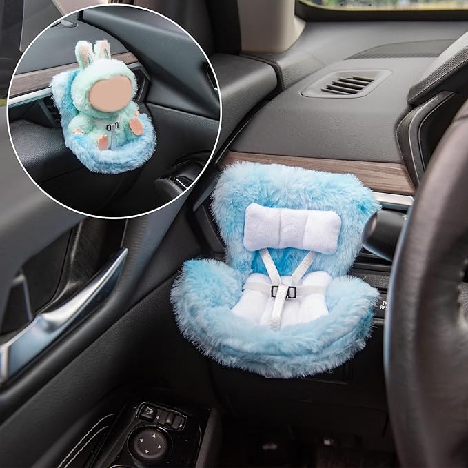 Doll Car Seat Compatible with Bubudoll, Small Seat for 10-17cm Blind Box Toys, Including Air Vent Clip, Desktop Stand, Adjustable Safety Strap, Airflow-Friendly Design, Ideal Car Decor Gifts(Blue)