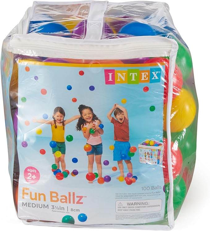 Intex Set of 100 Plastic Fun Balls for Ball Pits and Bounce Houses, Multi-Colored - 100-Count Soft Colorful Toddler-Safe Toys for Pool or Playpen