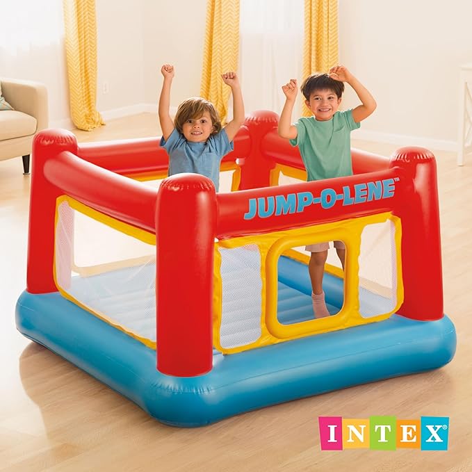 Intex Inflatable Jump-O-Lene Trampoline Bounce House with Crawl-Thru Door & Net - Indoor & Outdoor Backyard Blow-Up Bouncy Playhouse for Kids Ages 3-6