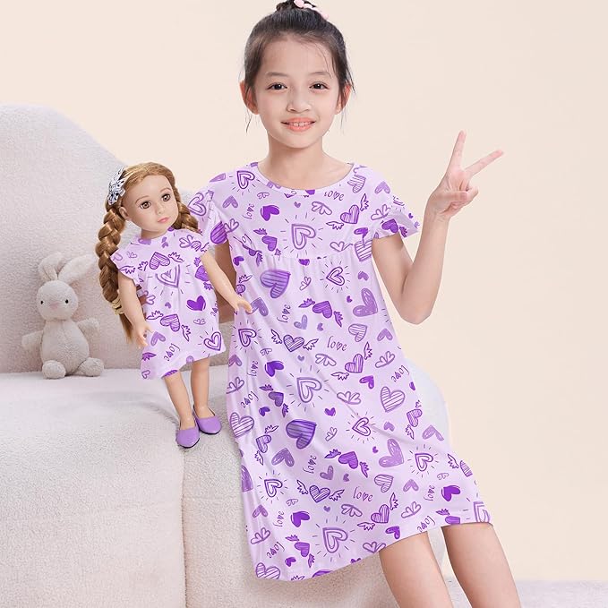 ICOSY Matching Doll & Girls Nightgowns Clothes Girls Pajamas Sleepwear Outfit for Kids and 18" Girl Doll