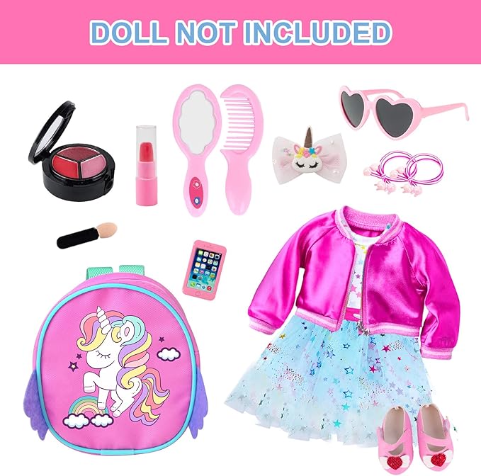 American 18 Inch Doll Clothes and Makeup Accessories Set Includes Clothes Backpack Sunglasses Phone Shoes Comb Mirror Eye Shadow Lipstick Hair Clip Hair Tie(Doll NOT Included)