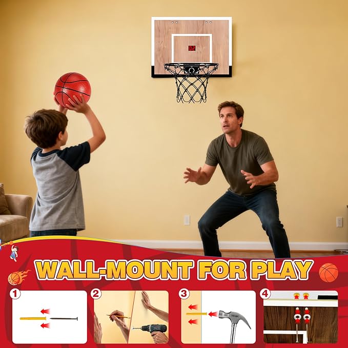 Indoor Basketball Hoop for Kids, Mini Basketball Hoops Over The Door and Wall Mount with Wooden Backboard, 3 Balls and Pump, Idea Toys Gifts for Kids and Adult