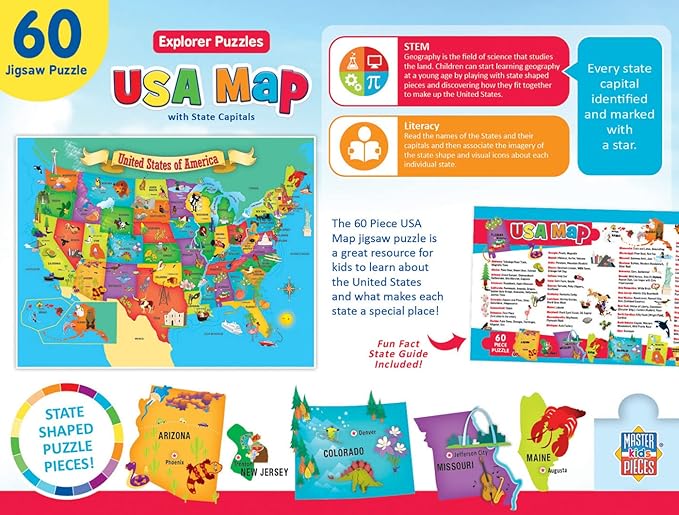 MasterPieces 60 Piece Educational Jigsaw Puzzle for Kids - USA Map State Shaped - 16.5"x12.75"