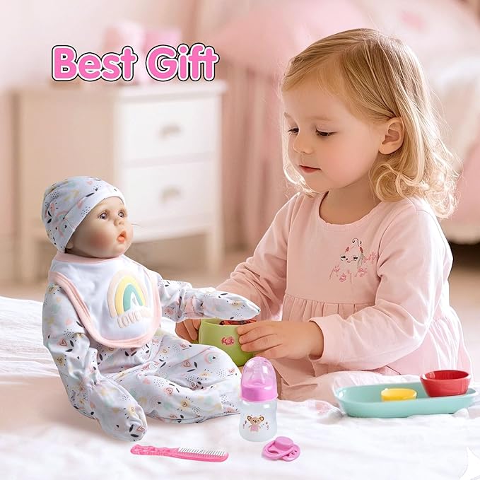 13 Pcs Reborn Baby Dolls Clothes Girl Rainbow and Flowers Outfit Accessories for 17-22 Inch Newborn Baby Doll Girl with Pink Butterfly Backpack