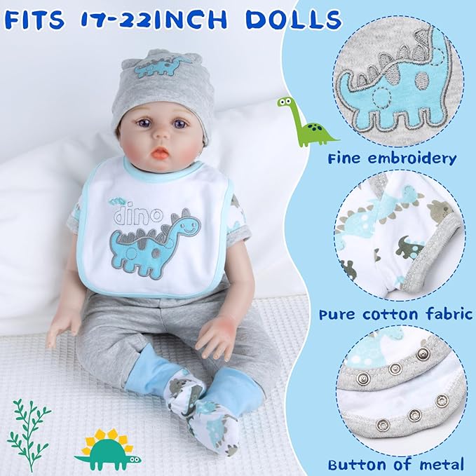 PEDOLLTREE 9 Pcs Set Reborn Baby Doll Clothes Outfit Accessories Blue Dinosaur Set for 17-22 Inch Reborn Doll Newborn Boy with Backpack Diaper