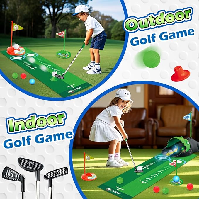 Upgraded Kids Toy Golf Set with Dinosaur Automatic Golf Returner, Led Light Up Night Golf Balls, 3 Clubs, Putting Mat, 3-8 Toddler Mini Golf Games, Indoor Outdoor Sports Toys for Boys Girls 3+