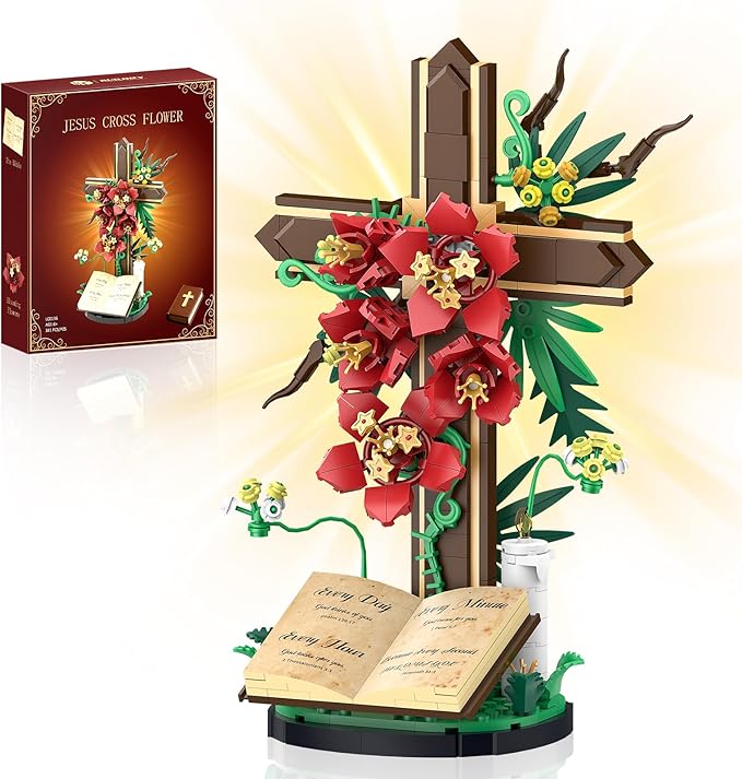 Jesus Cross Flower Building Set, Religious Cross Collectibles Jesus Catholic Building Toys, Christian Crucifix Floral Decor Display, Easter, Christian, Birthday Gift for Kids, Women & Adults (381 PCS)