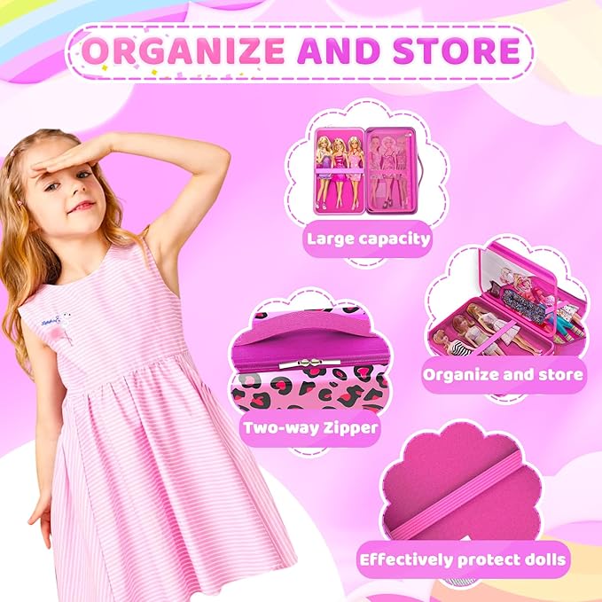Stylish Travel Case for 12 Inch Fashion Dolls - Storage Solution with Pockets for Doll Accessories - Best for On-The-Go Travel (4-Leopard Print)
