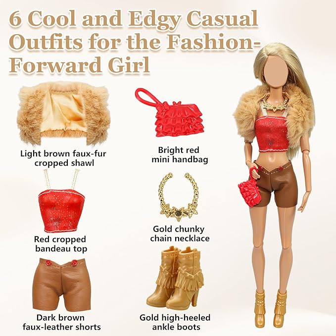 11.5 Inch Doll Clothes Set - 5 Outfits Fashion Doll Clothing & Accessories, Casual Wear Dresses, Jeans, Tops, Skirts, Fur Coats, Bags, Hats, Boots for 11.5" Fashion Dolls, Gift for Girls(22)