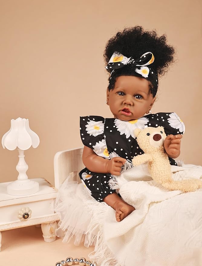 HOOMAI Reborn Baby Black Dolls African American Lifelike Silicone Doll Realistic 22.8 Inch with Cloth Body Birthday Gift Set