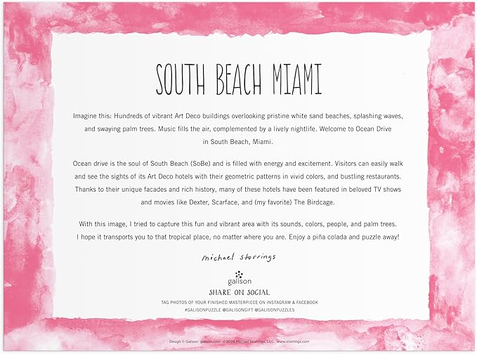Galison South Beach Miami – 1000 Piece Michael Storrings Jigsaw Puzzle Featuring Beautiful Artwork of South Beach During Summertime