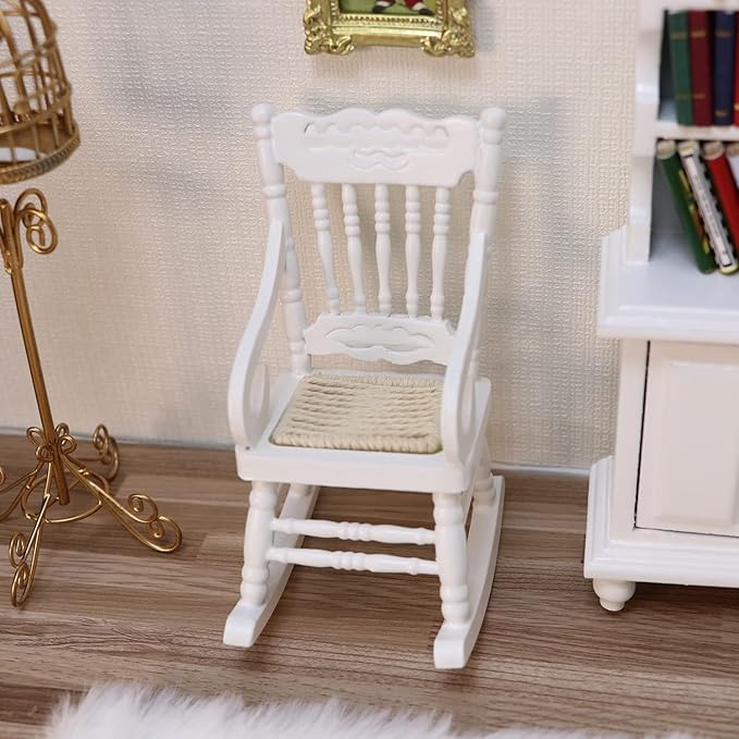 Dollhouse Miniature Rocking Chair 1:12 Scale Wooden Furniture Accessories Tiny Mini House Home Outdoor Decoration Model Living Room Scene Christmas Craft Displays (White)