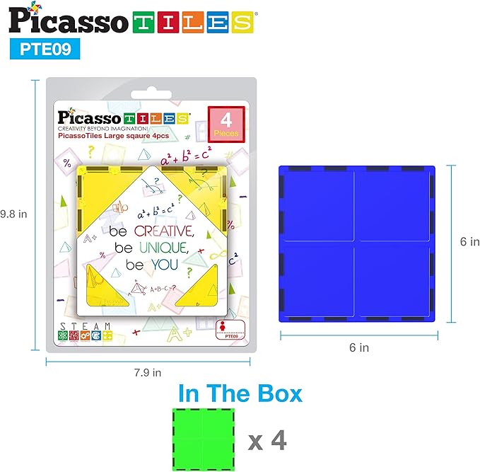PicassoTiles 4pcs Magnetic Building Block Large Square Shape Magnet Tiles Construction Toy STEM Learning Kit Educational Playset Playboard Pretend Play Stacking Blocks Child Brain Development PTE09