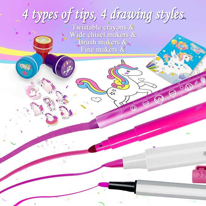 56 PCS Washable Scented Markers with Glitter Pencil Case, Unicorn Arts and Crafts for kids 4-6-8 Kids Coloring Drawing Kits for 4-8 Years Old Girls Xmas Gifts Stocking Stuffers (Purple, Purple)