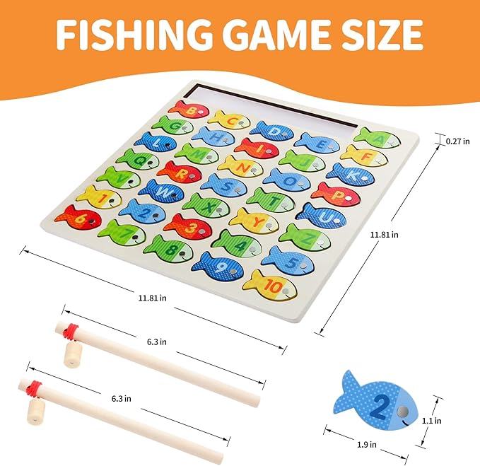 Diaodey Wooden Magnetic Fishing Game for Toddlers, Montessori Fine Motor Skills Toy with Letters and Numbers, Preschool Learning ABC and Puzzle Educational Toys Gift for 3 4 5+ Year Old Kids(2 Poles)
