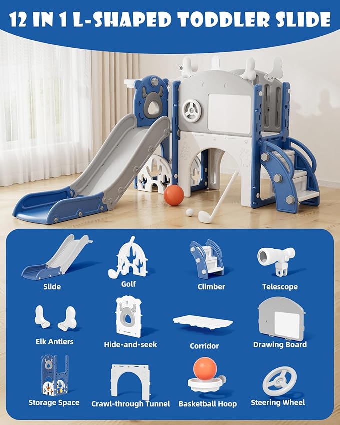 XJD Toddler Slide,12 in 1 Kids Slide for Toddlers 1-3, New Upgrade with Golf Set, Basketball Hoop, Drawing Board for Indoor Outdoor Playset,Toddler Playground (Blue White)