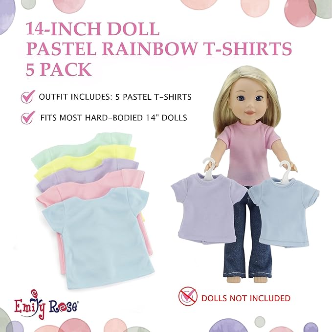 Emily Rose 14.5 Inch Doll Clothes - 5PC Pastel T-Shirts for Crafting & Sublimation | Gift Boxed | Wellie Wishers & Glitter Girls Compatible - USA Brand