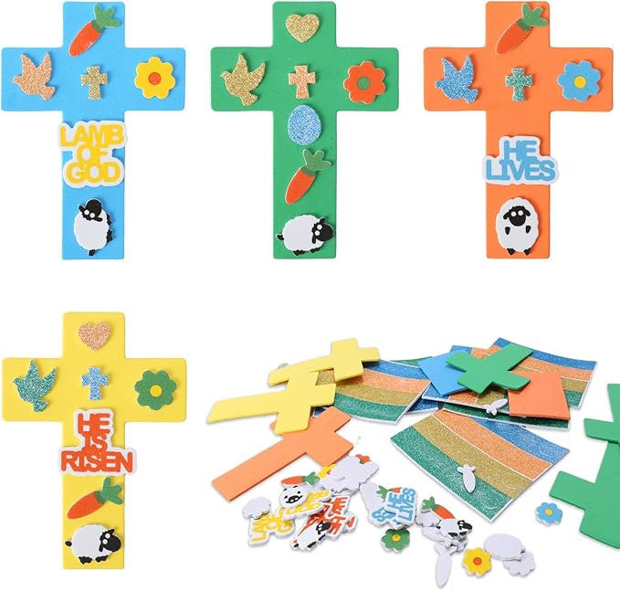 Fennoral 24 Pack Easter Cross Craft Kit for Kids Make You Own DIY Foam Stickers Ornament Spring Arts and Crafts for Easter Party Supplies & Home Decorations