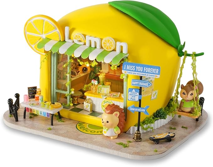TuKIIE DIY Miniature House Kit with Furniture, 1:100 Scale Creative Room Mini Wooden Dollhouse Book Nook for Kids Teens Adults(Lemon Beverage Shop)