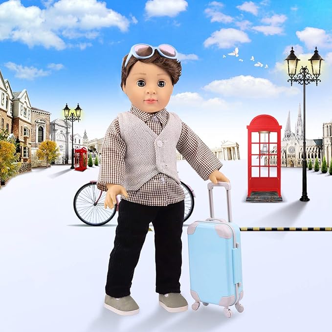 ZITA ELEMENT 22 Pcs 18 Inch Boy Doll Clothes Suitcase Set for 19 Inch Boy Doll Accessories Travel Carrier Storage, Including Suitcase Pillow Blindfold Sunglasses Camera Computer