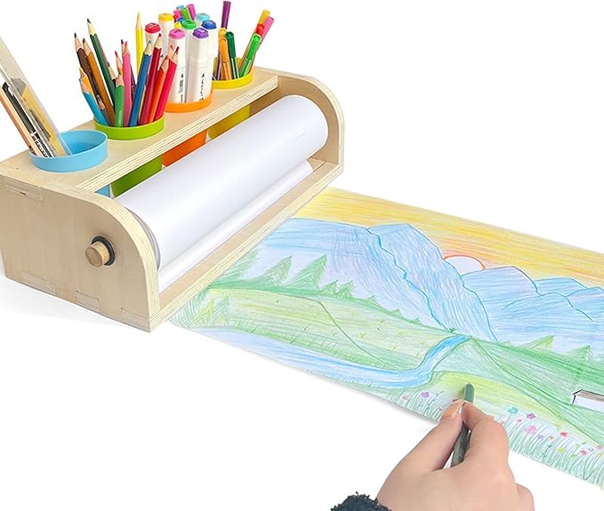 Wooden Tabletop Paper Roll Dispenser with Roll 11.4inx98.4ft and Pencil Cups Craft Art Paper Roll Holder for Kids Desktop Easel for Drawing Painting Home Classroom
