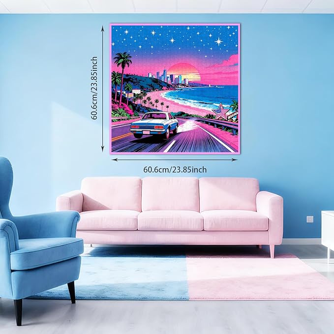 1024 Piece Adult Puzzle, Retro Neon Coastal City Sunset Jigsaw, Puzzles with Letter Markings, HD Poster, Nature Landscape Family Puzzles Wall Decor Gift for Retro Lovers Friends